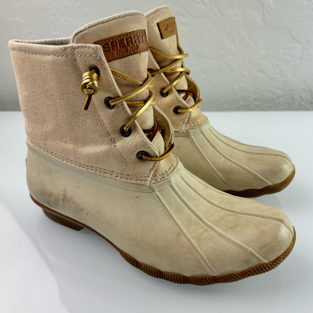 Sperry Boots Saltwater Duck Ivory Cream Metallic Gold Shimmer Rubber Ankle Knit